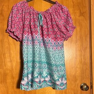 Women’s Off-Shoulder Printed Peasant Blouse in Pink & Teal